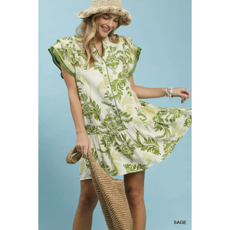 Umgee Toile Print Button-Front Placket Mini Dress with Dropped Ruffle Hem Apparel and Accessories