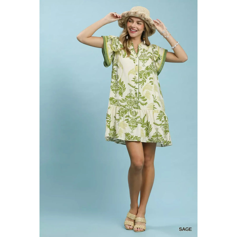 Umgee Toile Print Button-Front Placket Mini Dress with Dropped Ruffle Hem Apparel and Accessories