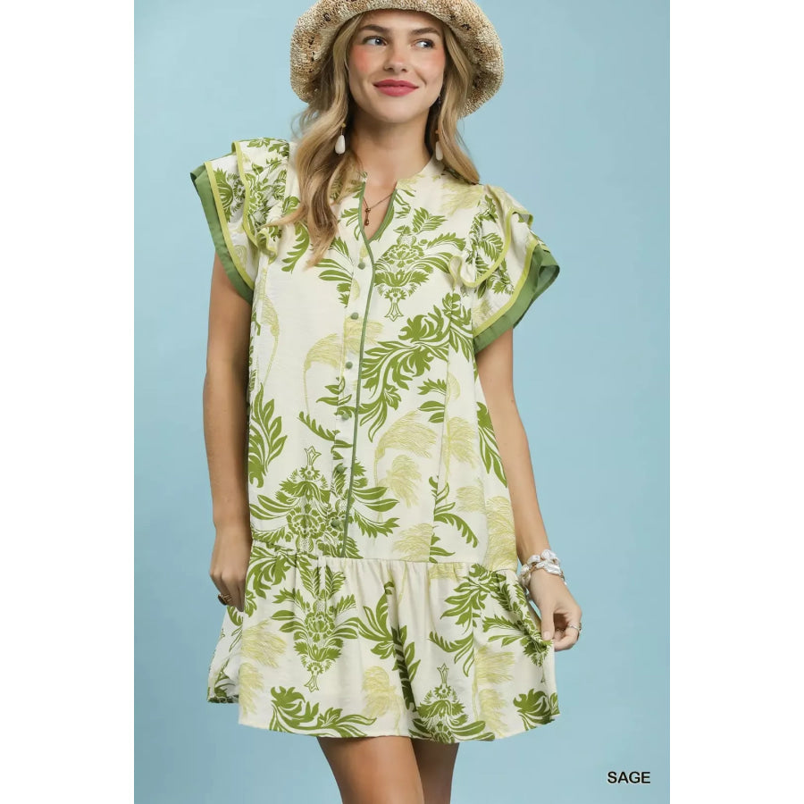Umgee Toile Print Button-Front Placket Mini Dress with Dropped Ruffle Hem SAGE / S Apparel and Accessories