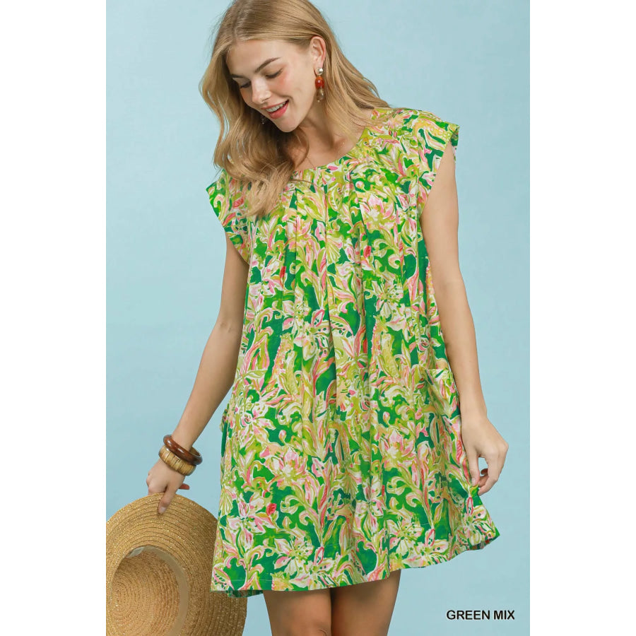 Umgee Tropical Floral Flutter Sleeve Swing Dress GREEN MIX / S Apparel and Accessories