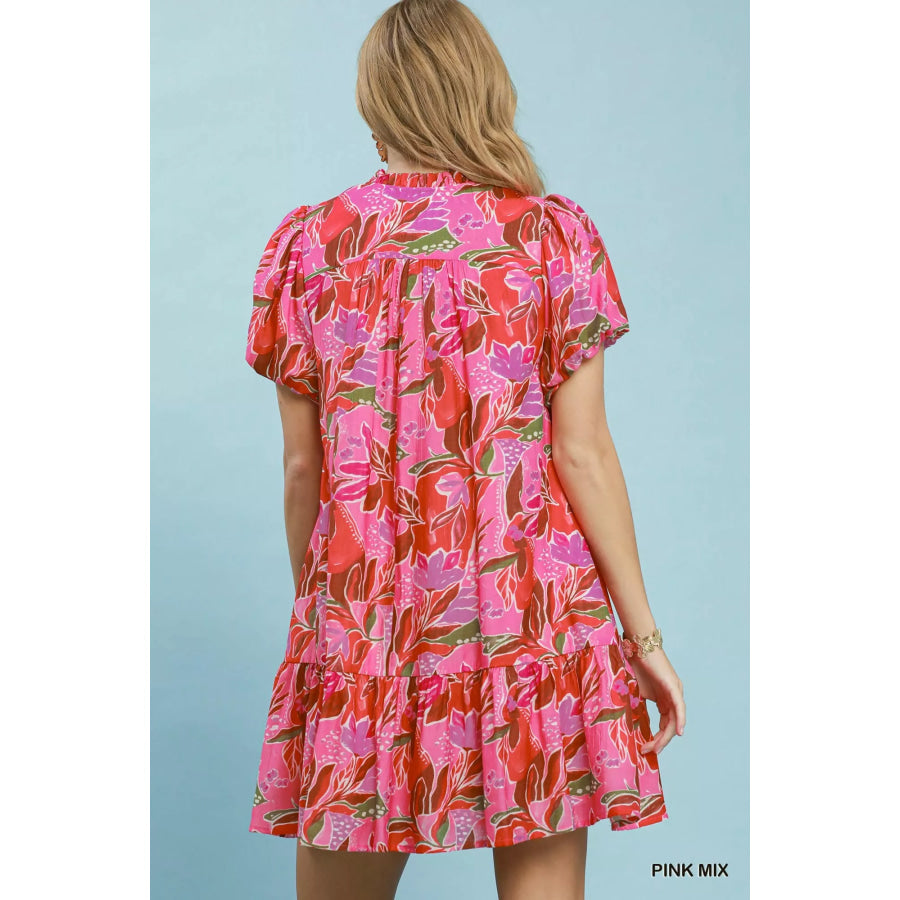Umgee Tropical Floral Puff Sleeve Tiered Mini Dress Apparel and Accessories