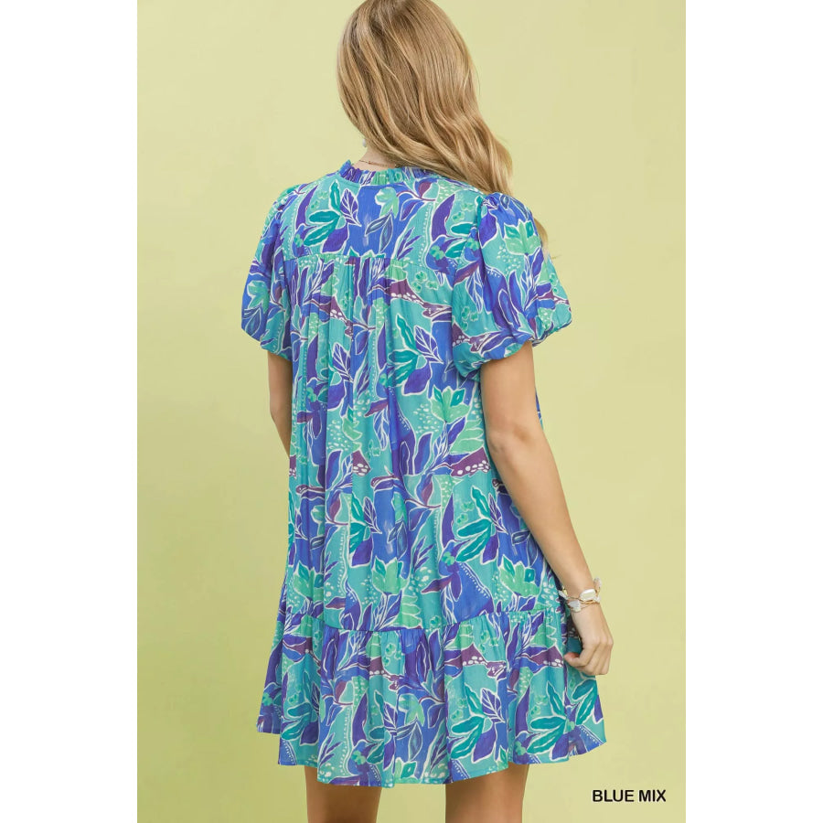 Umgee Tropical Floral Puff Sleeve Tiered Mini Dress Apparel and Accessories