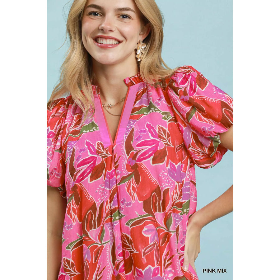 Umgee Tropical Floral Puff Sleeve Tiered Mini Dress Apparel and Accessories