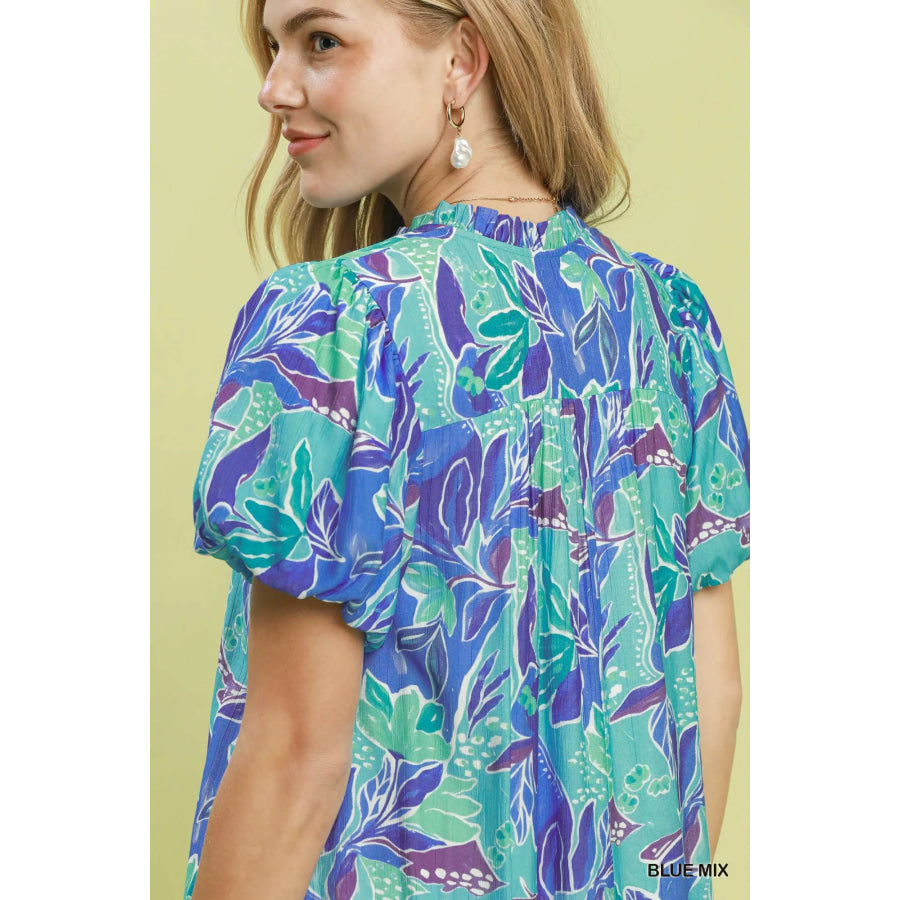 Umgee Tropical Floral Puff Sleeve Tiered Mini Dress Apparel and Accessories
