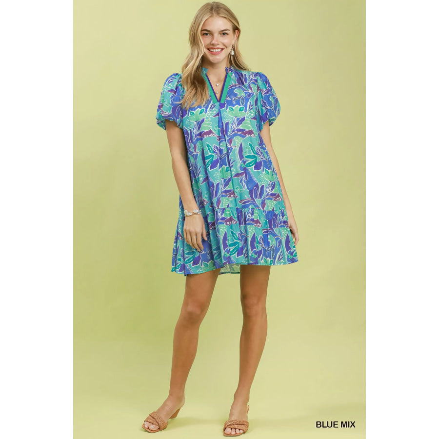 Umgee Tropical Floral Puff Sleeve Tiered Mini Dress Apparel and Accessories