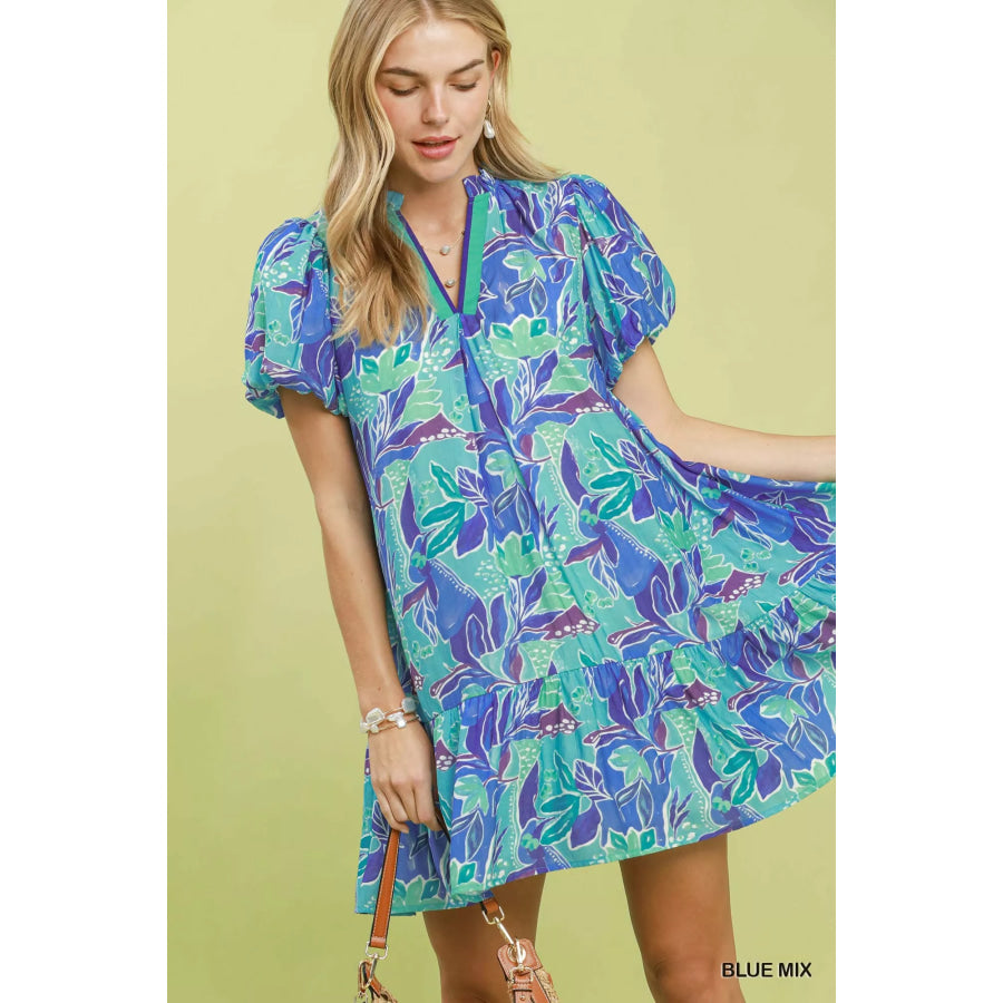 Umgee Tropical Floral Puff Sleeve Tiered Mini Dress BLUE MIX / S Apparel and Accessories