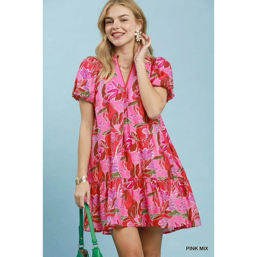 Umgee Tropical Floral Puff Sleeve Tiered Mini Dress PINK MIX / S Apparel and Accessories