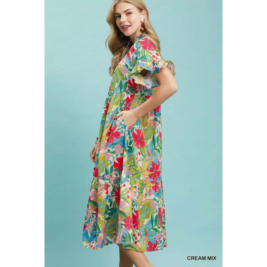 Umgee Tropical Floral Ruffle Sleeve Tiered Midi Dress CREAM MIX / S Apparel and Accessories