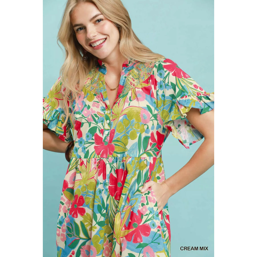 Umgee Tropical Floral Ruffle Sleeve Tiered Midi Dress Apparel and Accessories