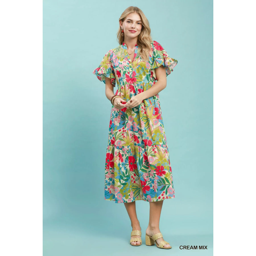 Umgee Tropical Floral Ruffle Sleeve Tiered Midi Dress Apparel and Accessories