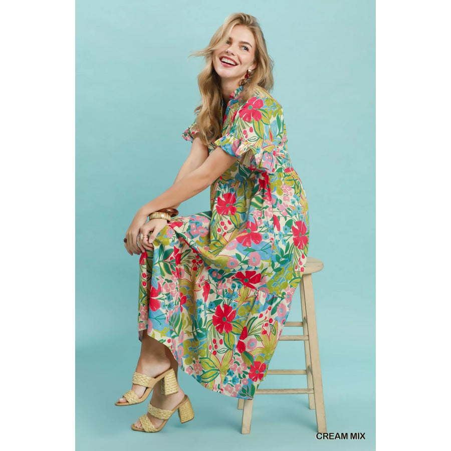 Umgee Tropical Floral Ruffle Sleeve Tiered Midi Dress Apparel and Accessories