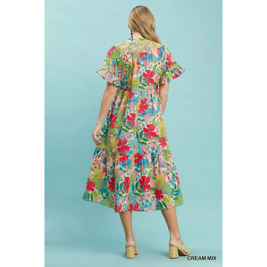 Umgee Tropical Floral Ruffle Sleeve Tiered Midi Dress Apparel and Accessories