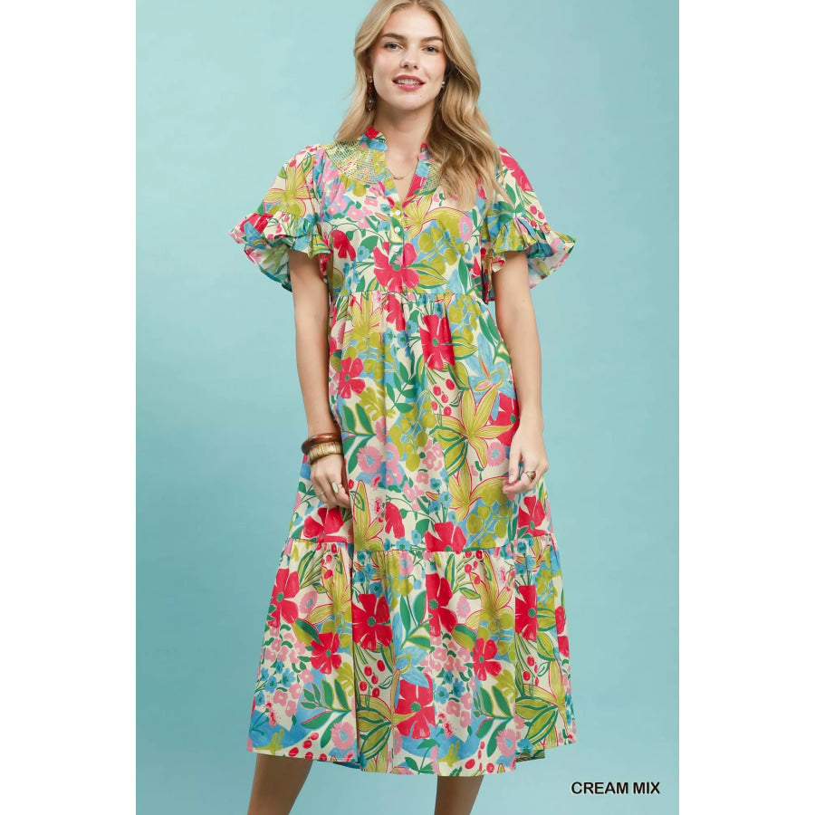 Umgee Tropical Floral Ruffle Sleeve Tiered Midi Dress CREAM MIX / S Apparel and Accessories