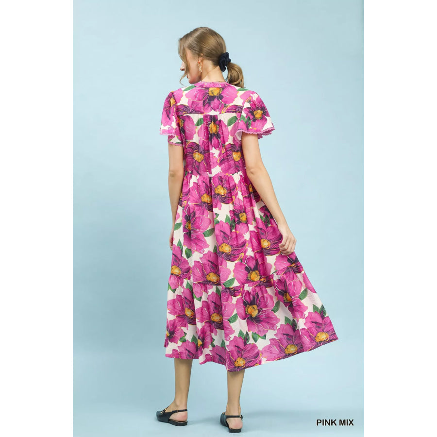 Umgee Tropical Floral V-Neck Flutter Sleeve Tiered Midi Dress Apparel and Accessories