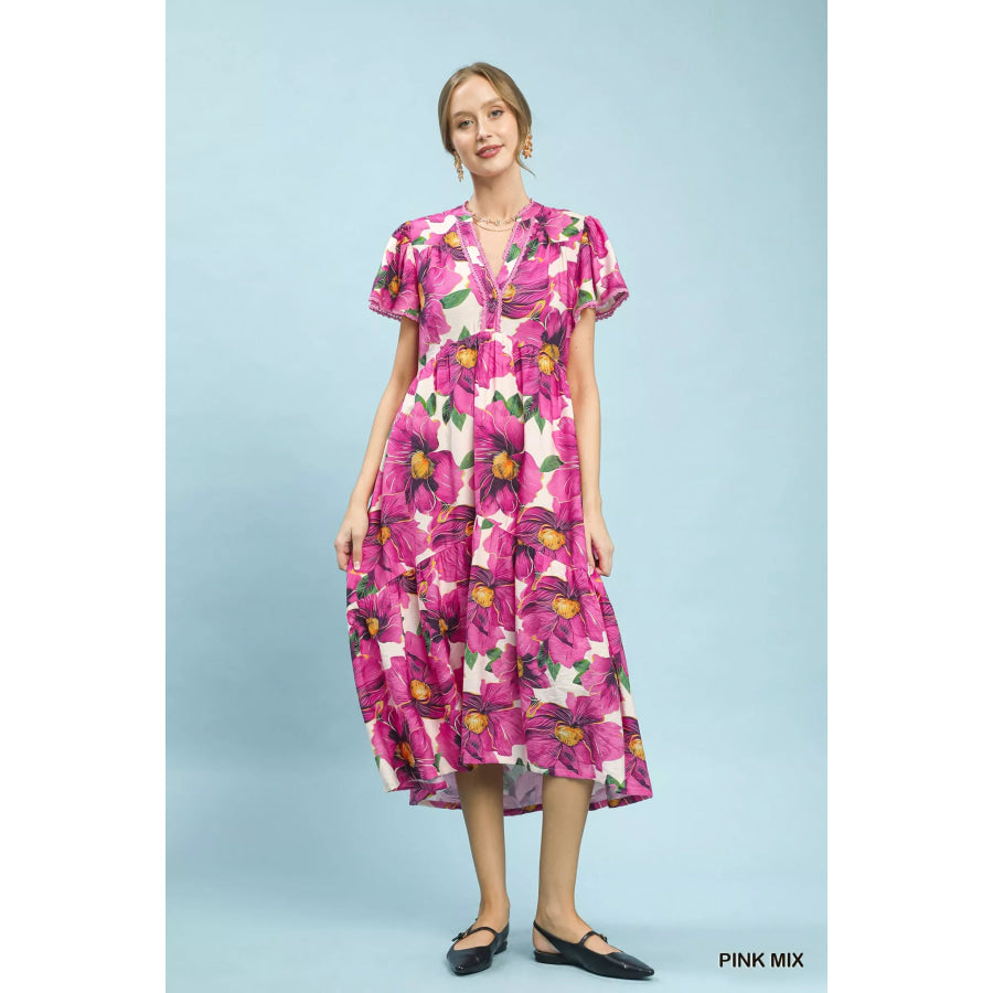 Umgee Tropical Floral V-Neck Flutter Sleeve Tiered Midi Dress Apparel and Accessories