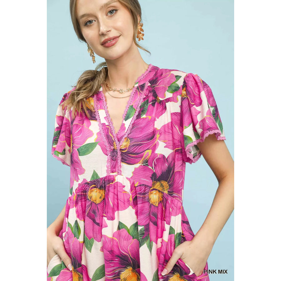 Umgee Tropical Floral V-Neck Flutter Sleeve Tiered Midi Dress Apparel and Accessories