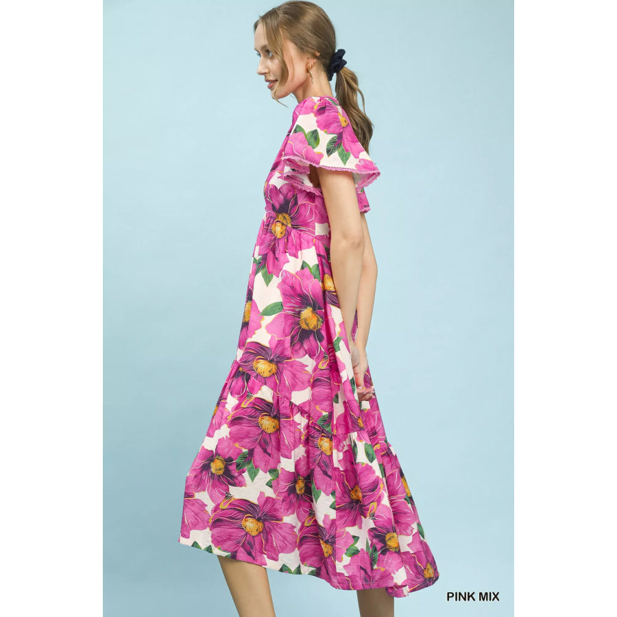 Umgee Tropical Floral V-Neck Flutter Sleeve Tiered Midi Dress Apparel and Accessories