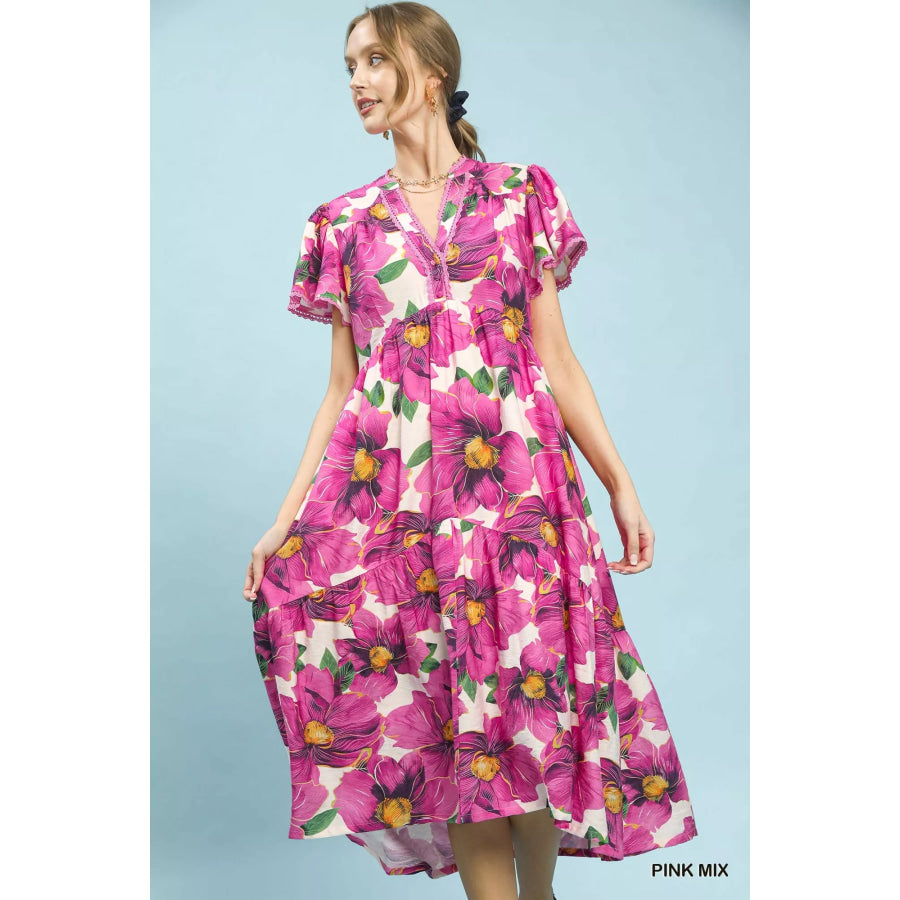 Umgee Tropical Floral V-Neck Flutter Sleeve Tiered Midi Dress PINK MIX / S Apparel and Accessories