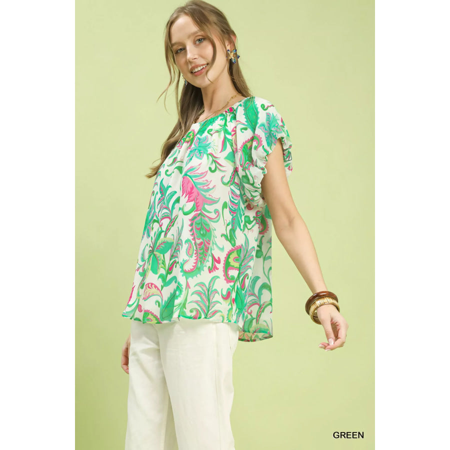 Umgee Tropical Paisley Puff Sleeve Blouse GREEN / S Apparel and Accessories