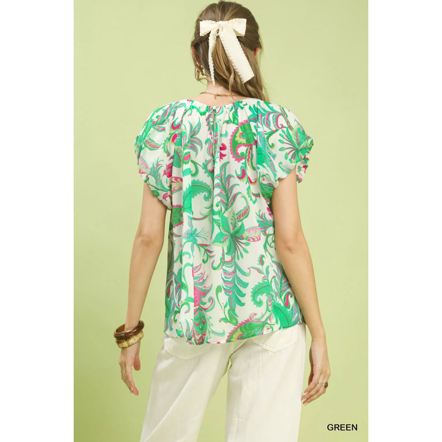 Umgee Tropical Paisley Puff Sleeve Blouse Apparel and Accessories