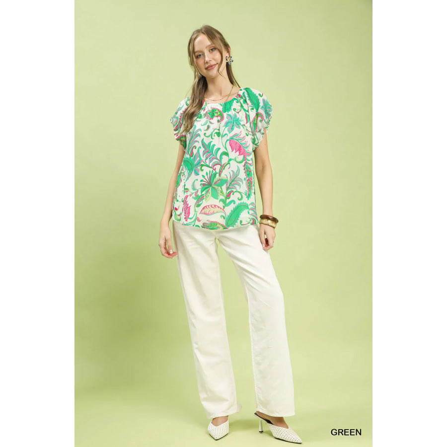 Umgee Tropical Paisley Puff Sleeve Blouse Apparel and Accessories