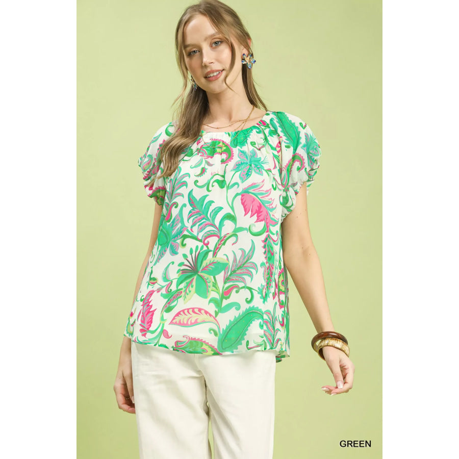 Umgee Tropical Paisley Puff Sleeve Blouse GREEN / S Apparel and Accessories