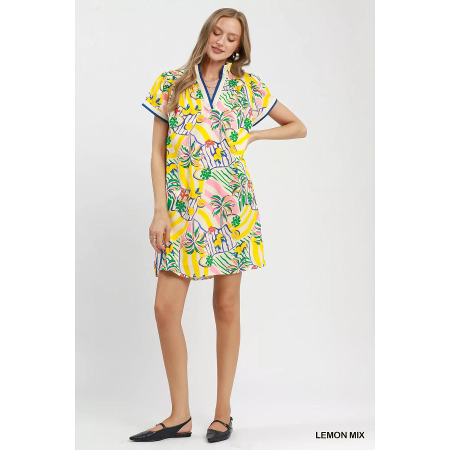 Umgee Tropical Print Collared Shift Dress Apparel and Accessories