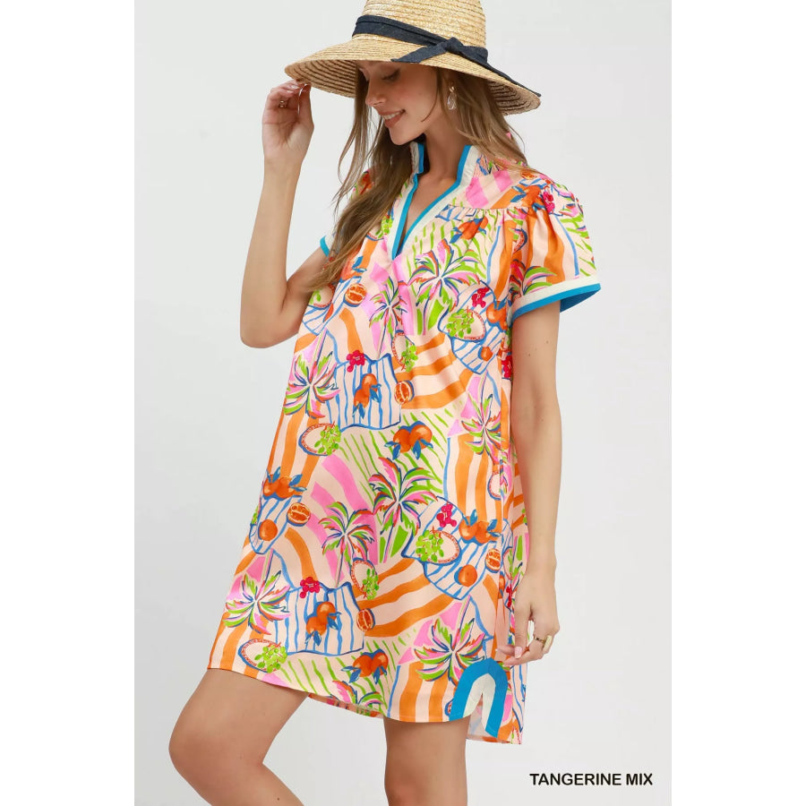Umgee Tropical Print Collared Shift Dress TANGERINE MIX / S Apparel and Accessories