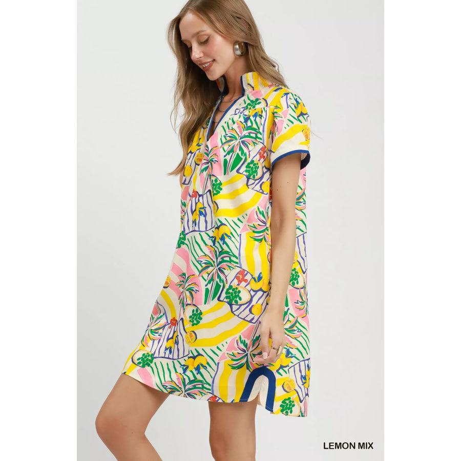 Umgee Tropical Print Collared Shift Dress LEMON MIX / S Apparel and Accessories