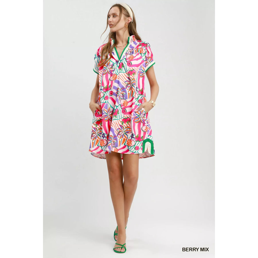Umgee Tropical Print Collared Shift Dress Apparel and Accessories