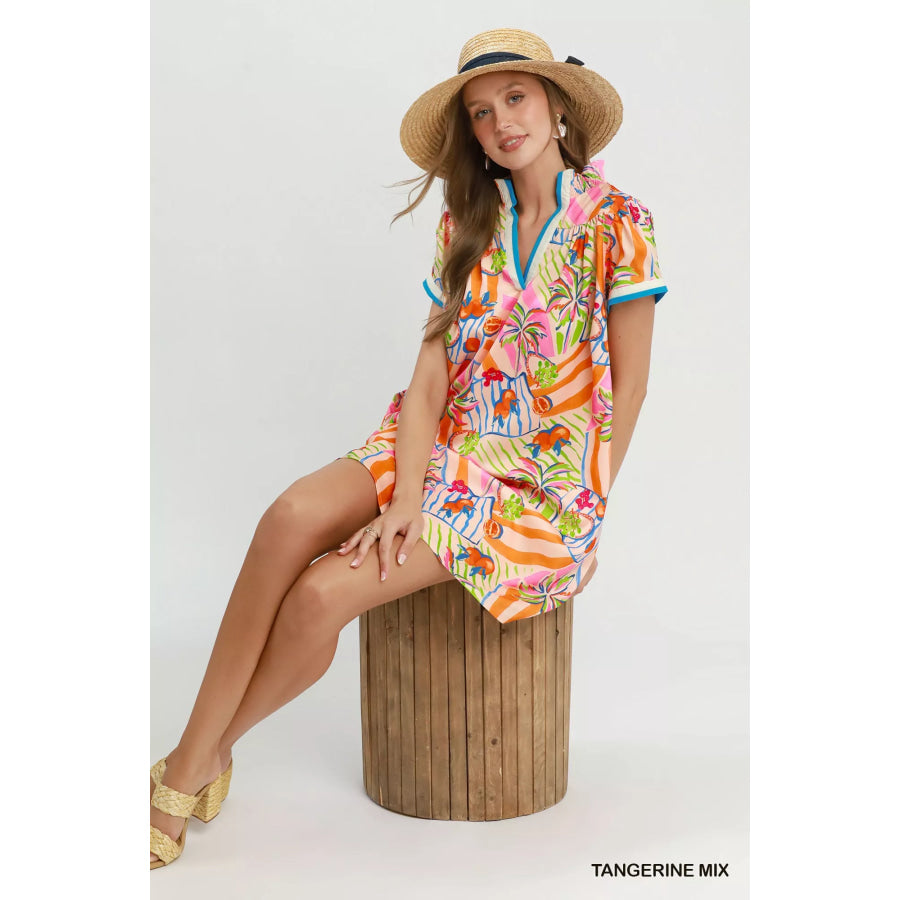 Umgee Tropical Print Collared Shift Dress Apparel and Accessories