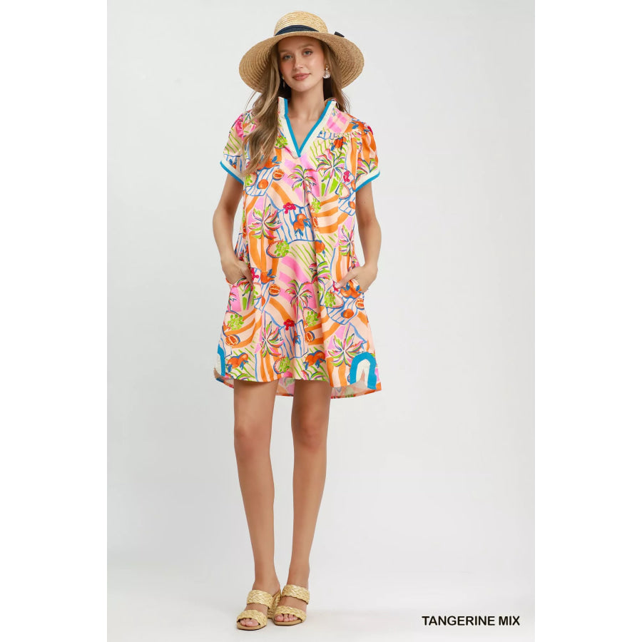 Umgee Tropical Print Collared Shift Dress Apparel and Accessories