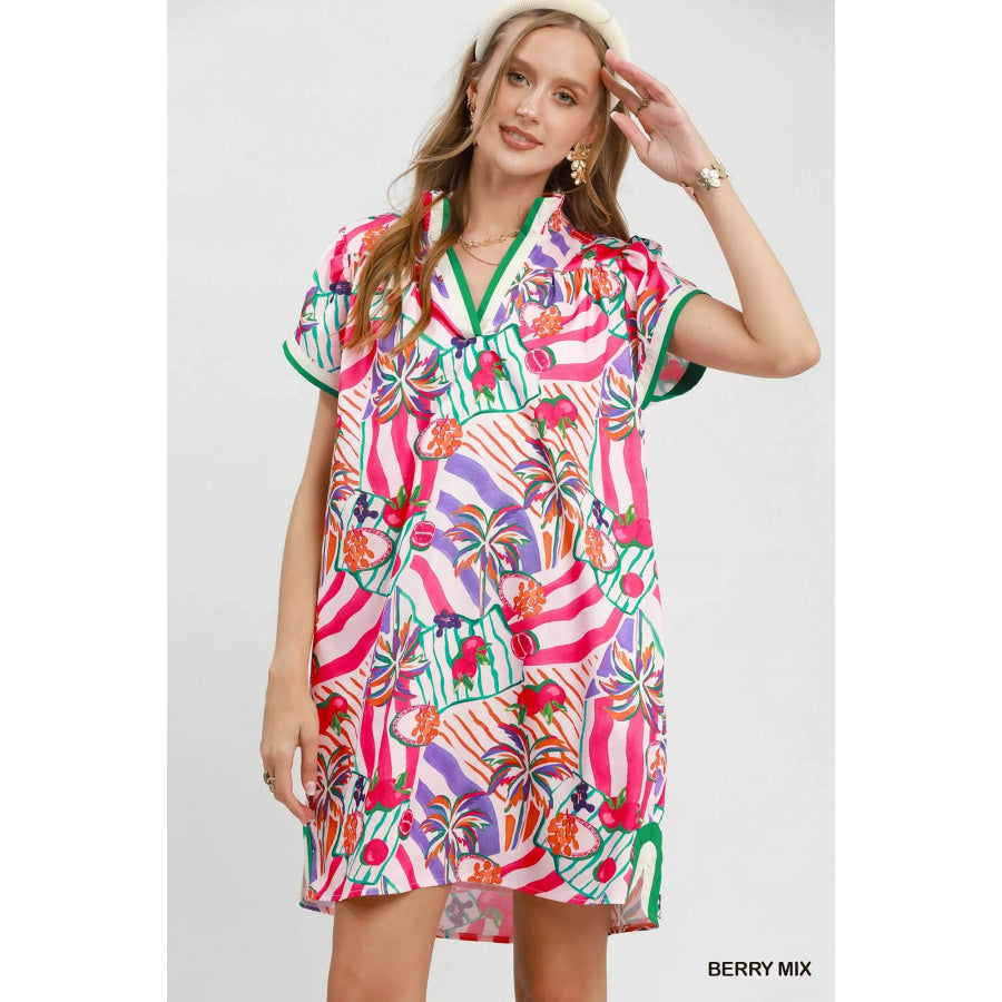 Umgee Tropical Print Collared Shift Dress BERRY MIX / S Apparel and Accessories