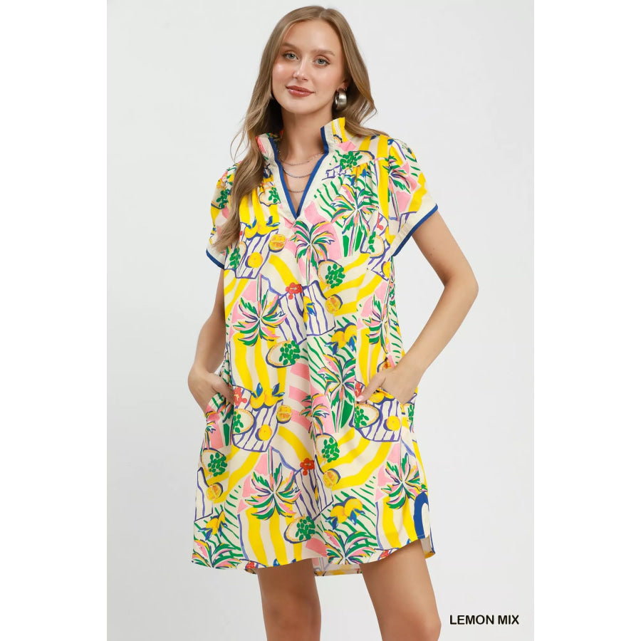Umgee Tropical Print Collared Shift Dress LEMON MIX / S Apparel and Accessories