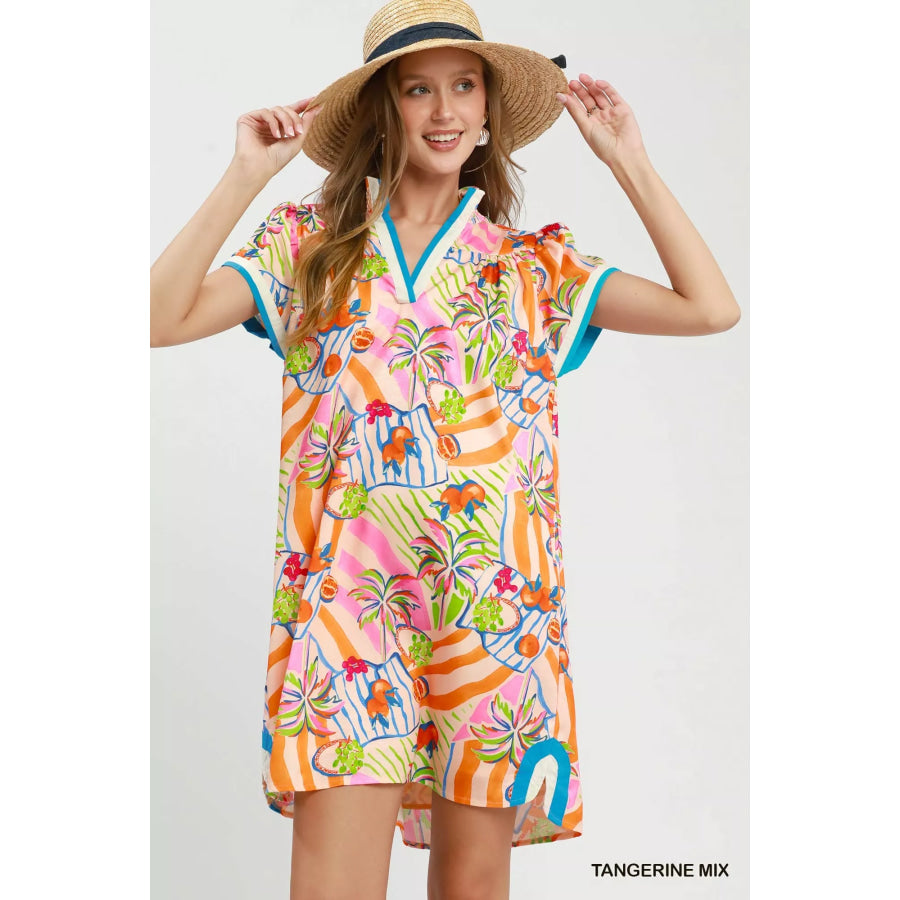 Umgee Tropical Print Collared Shift Dress TANGERINE MIX / S Apparel and Accessories