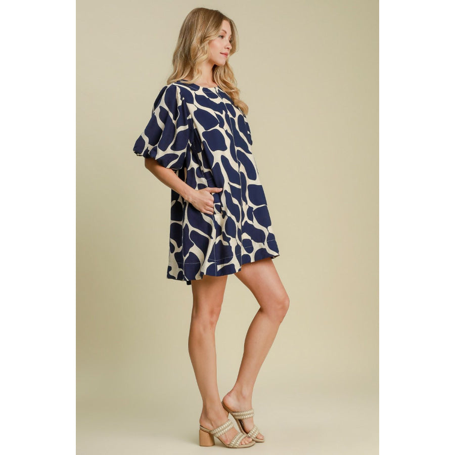 Umgee Two Tone Abstract Print Puff Sleeve Dress Apparel and Accessories