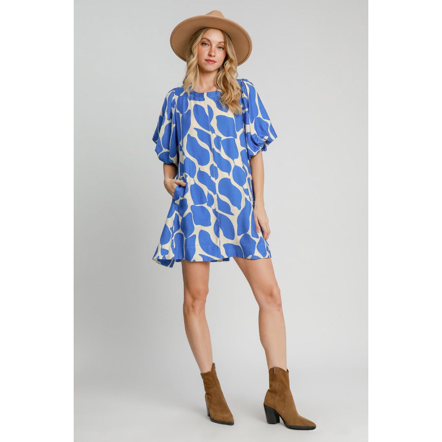 Umgee Two Tone Abstract Print Puff Sleeve Dress Apparel and Accessories