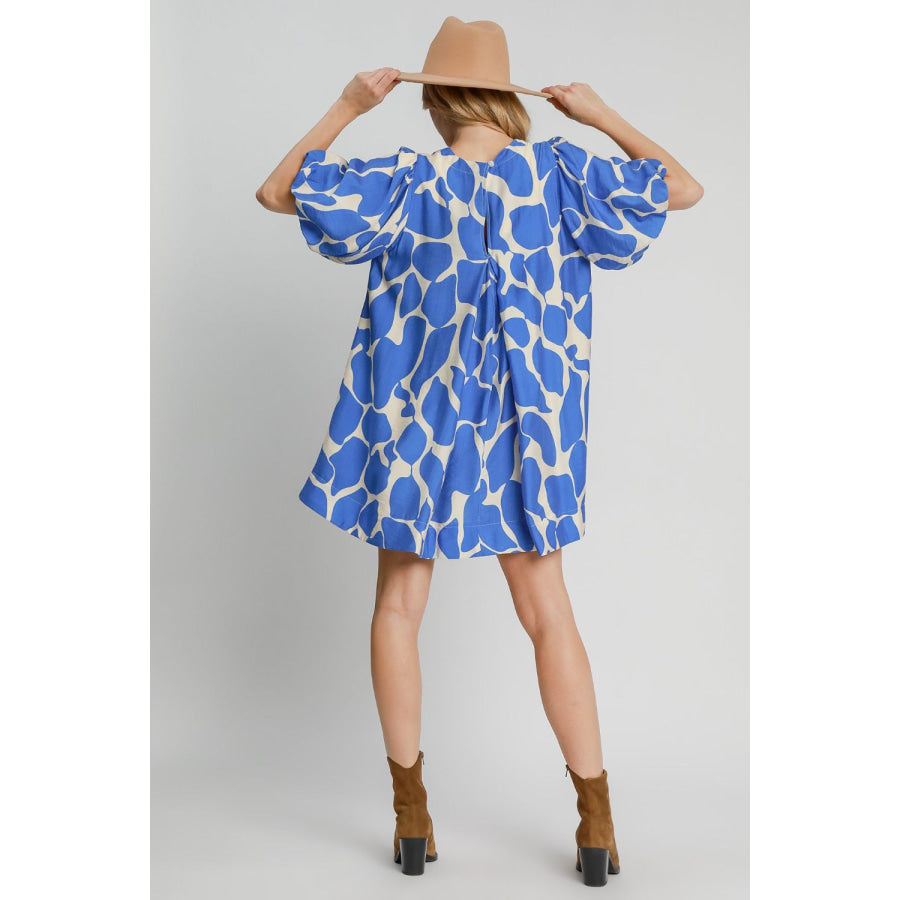 Umgee Two Tone Abstract Print Puff Sleeve Dress Apparel and Accessories