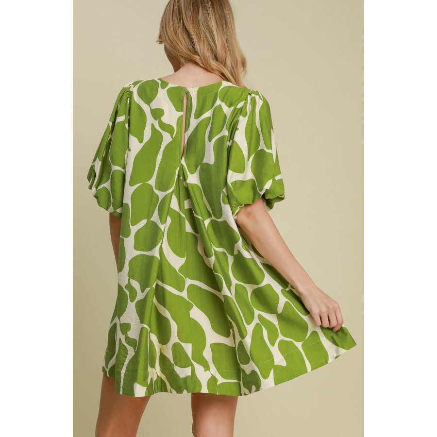 Umgee Two Tone Abstract Print Puff Sleeve Dress Lime / S Apparel and Accessories