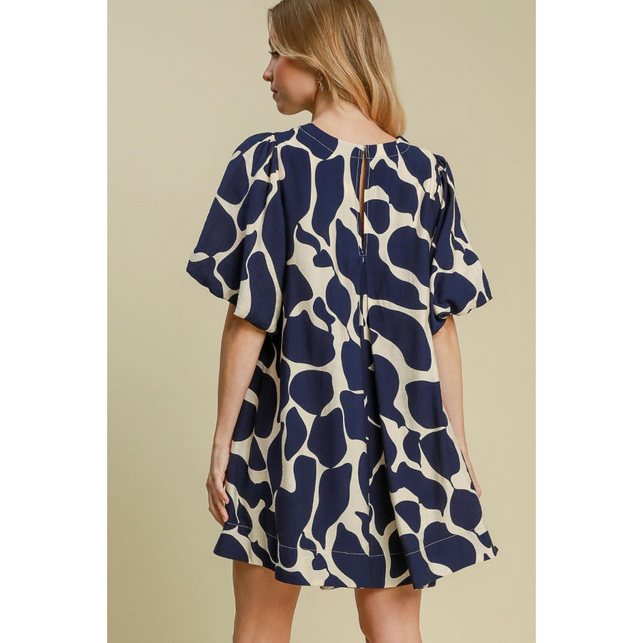 Umgee Two Tone Abstract Print Puff Sleeve Dress Apparel and Accessories