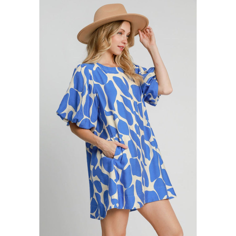 Umgee Two Tone Abstract Print Puff Sleeve Dress Apparel and Accessories