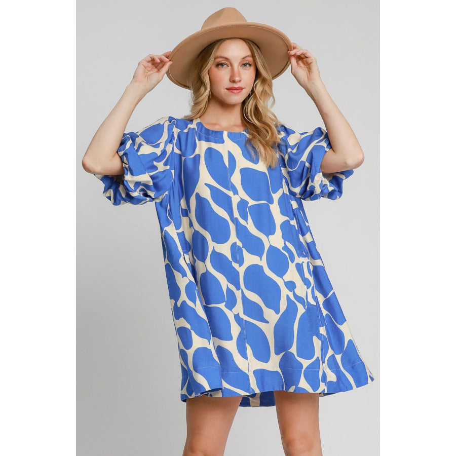 Umgee Two Tone Abstract Print Puff Sleeve Dress Blue / S Apparel and Accessories