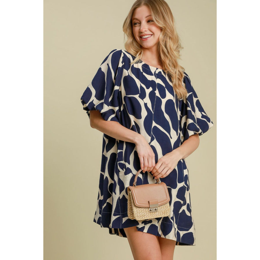 Umgee Two Tone Abstract Print Puff Sleeve Dress Navy / S Apparel and Accessories