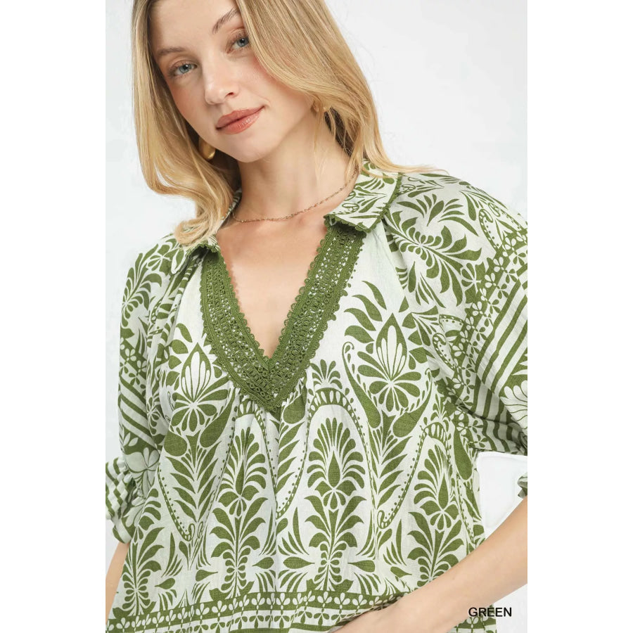 Umgee Two Tone Boarder Print Top Apparel and Accessories