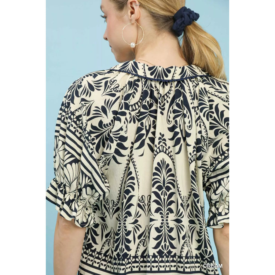 Umgee Two Tone Boarder Print Top Apparel and Accessories