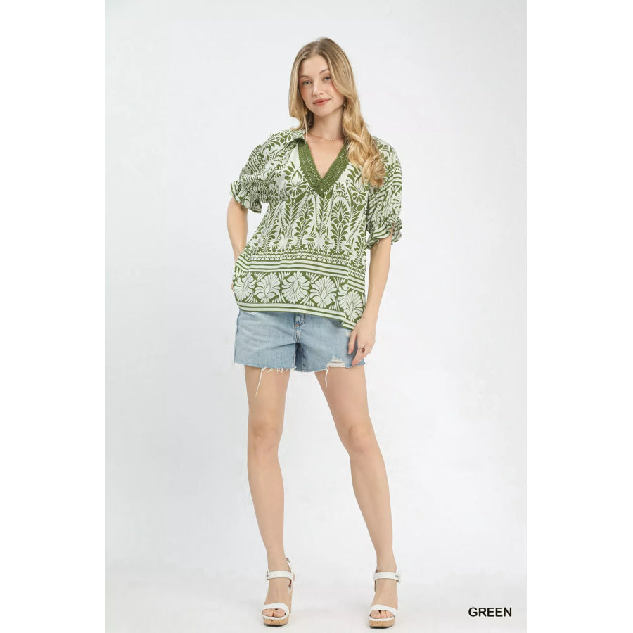 Umgee Two Tone Boarder Print Top Apparel and Accessories