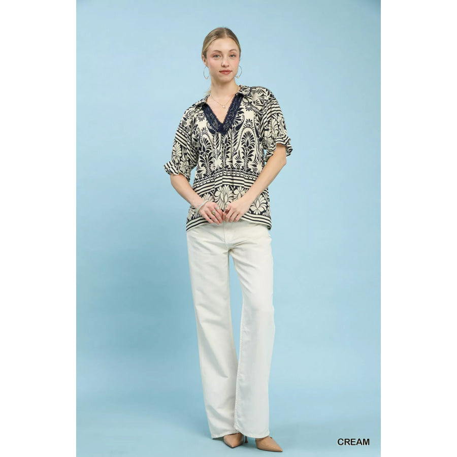 Umgee Two Tone Boarder Print Top CREAM / S Apparel and Accessories