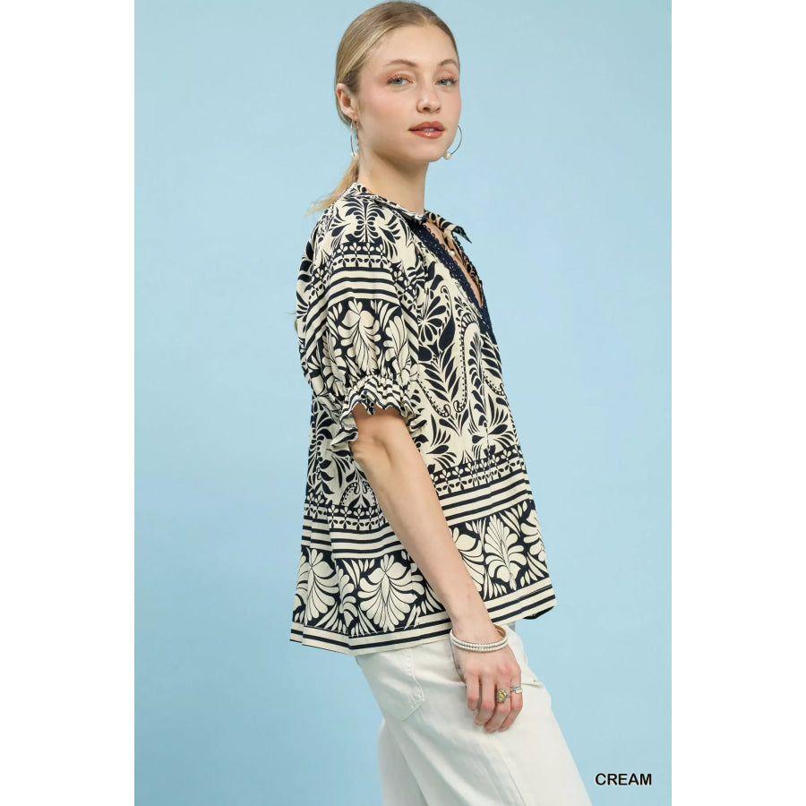 Umgee Two Tone Boarder Print Top Apparel and Accessories