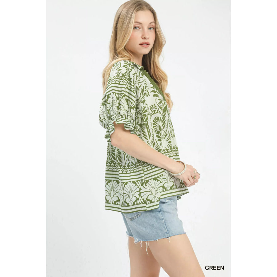 Umgee Two Tone Boarder Print Top Apparel and Accessories