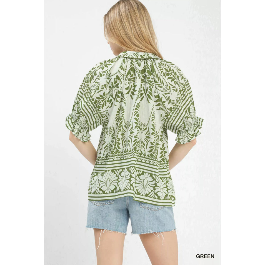 Umgee Two Tone Boarder Print Top Apparel and Accessories